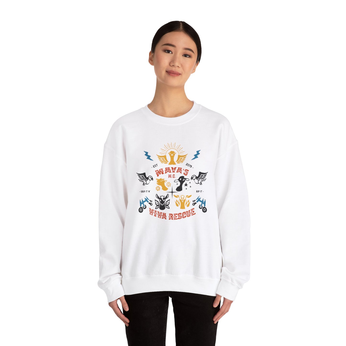 Viva Rescue - Maya's Motorcycle Club - Unisex Heavy Blend™ Crewneck Sweatshirt