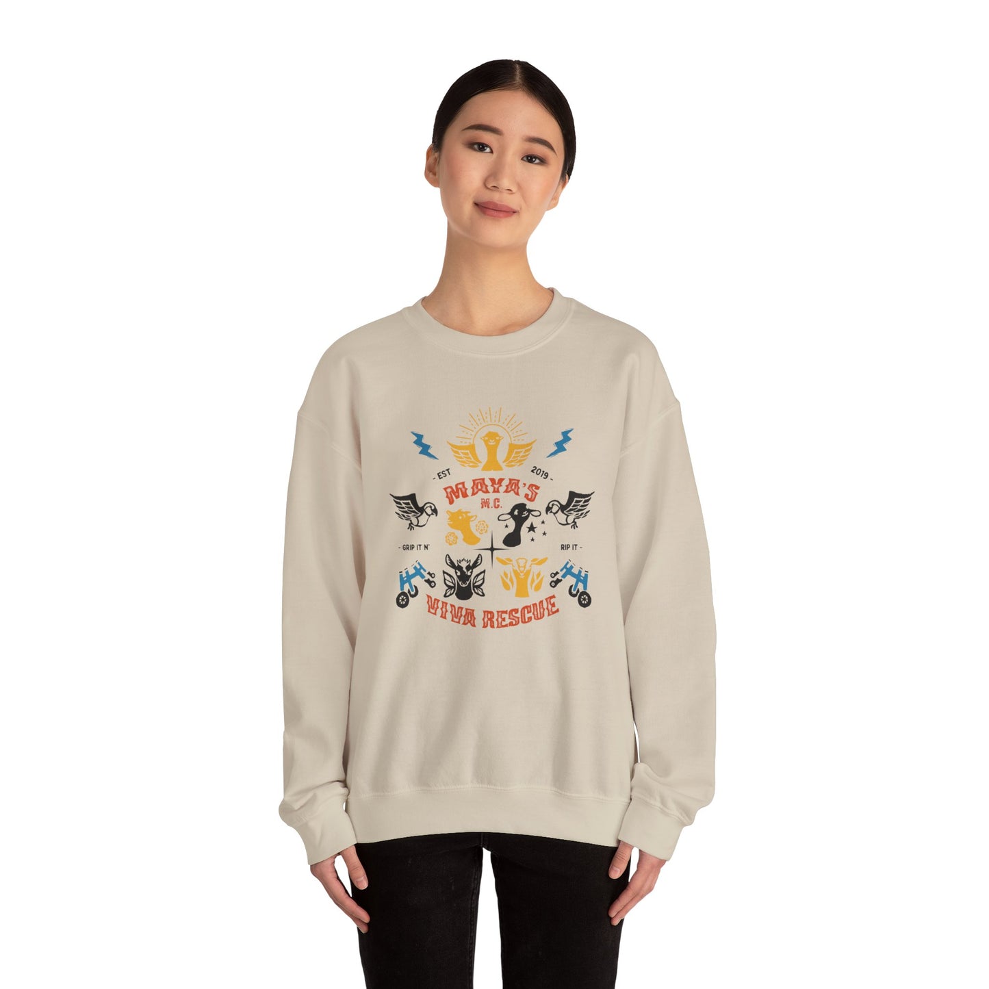 Viva Rescue - Maya's Motorcycle Club - Unisex Heavy Blend™ Crewneck Sweatshirt
