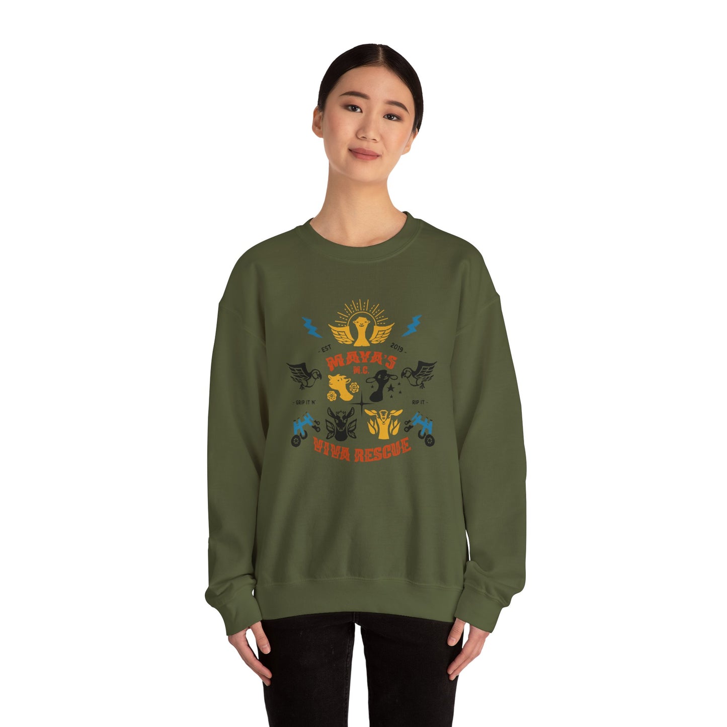 Viva Rescue - Maya's Motorcycle Club - Unisex Heavy Blend™ Crewneck Sweatshirt